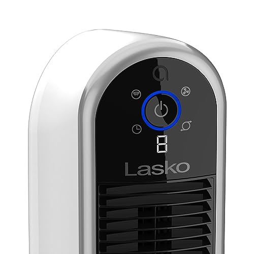 Lasko Smart Oscillating Tower Fan Powered by Aria, Wi-Fi Connected, Voice Controlled, Compatible with Alexa and Google Assistant, Timer, 5-Speeds, 40", White, T40735, Large