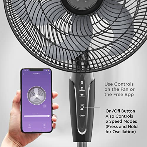 Comfort Zone Smart WiFi Oscillating Stand Fan, 18 inch, 3 Speed, Wall-Mountable, Voice Control, Full-Function Timer, Adjustable Stand up to 53 inches, Tri-Curve Technology to Reduce Noise, CZST180SBK