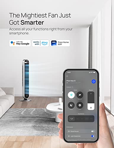 Dreo Tower Fan for Bedroom, 42 Inch 120° Oscillating Fan, 25dB Quiet DC Motor, 27ft/s Velocity Bladeless Standing Fan with 12 Speeds, 4 Modes, 12H Timer Cooling Fans for Home, Living Room, Pilot Max S