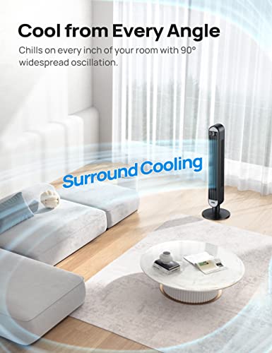 Dreo Smart Tower Fans for Home, 90° Oscillating Fan for Bedroom Indoors, Voice Control Floor Fan with 12H Timer, 42 Inch Quiet Bladeless Standing Fan with LED Display, Work with Alexa/Google