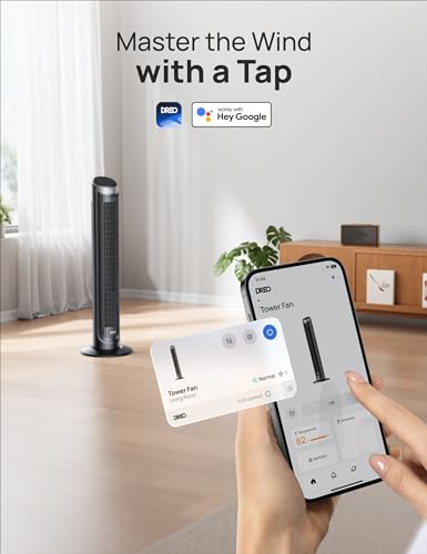 Dreo Smart Tower Fan for Bedroom, 90° Oscillating, Quiet 26ft/s Velocity Floor Fan with Remote, Standing Fans for Indoors, 5 Speeds, 8H Timer, Voice Control Bladeless Room Fan, Works with Alexa, Black