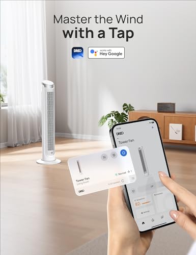Dreo Smart Tower Fan for Bedroom, Standing Fans for Indoors, 90° Oscillating, 26ft/s Velocity Quiet Floor Fan with Remote, 8H Timer, Voice Control Fans for Indoors, Compatible with Alexa