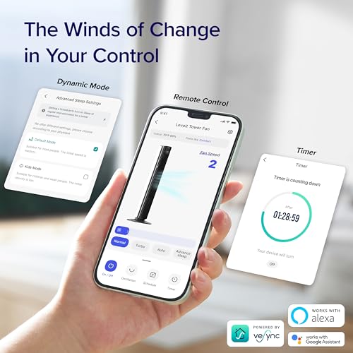 LEVOIT Smart 42'' Tower Fan for Bedroom, Oscillating Fan with Quiet 26ft/s Velocity 25dB, Brushless DC Motor, 12 Speeds, 4 Modes, 24H Timer with APP, Works with Alexa, Standing Bladeless Fan for Home