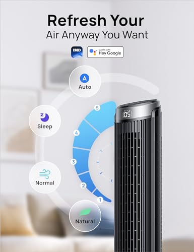 Dreo Smart Tower Fan for Bedroom, 90° Oscillating, Quiet 26ft/s Velocity Floor Fan with Remote, Standing Fans for Indoors, 5 Speeds, 8H Timer, Voice Control Bladeless Room Fan, Works with Alexa, Black