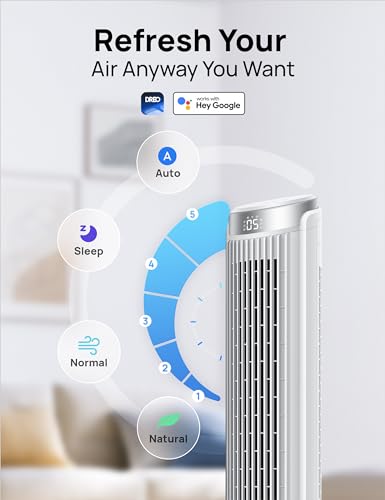 Dreo Smart Tower Fan for Bedroom, Standing Fans for Indoors, 90° Oscillating, 26ft/s Velocity Quiet Floor Fan with Remote, 8H Timer, Voice Control Fans for Indoors, Compatible with Alexa