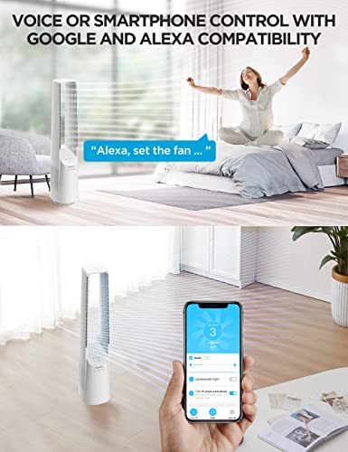 Pelonis Bladeless Tower Fan with 26-33ft Powerful Airflow, Alexa and Google Compatible, 6-Speed Settings, Quiet DC Motor, 120° Oscillation, 7-Hour Timer - Ideal for for Bedroom Home Office Use,White