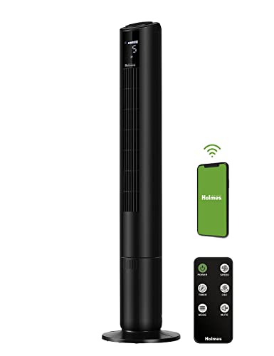 HOLMES 42" SmartConnect WI-FI Digital Tower Fan, ClearRead Display, Alexa Voice Control, 90° Oscillation, 5 Speeds, 4 Modes, 8-Hour Timer, Home, Bedroom or Office, Remote Control, Matte Black