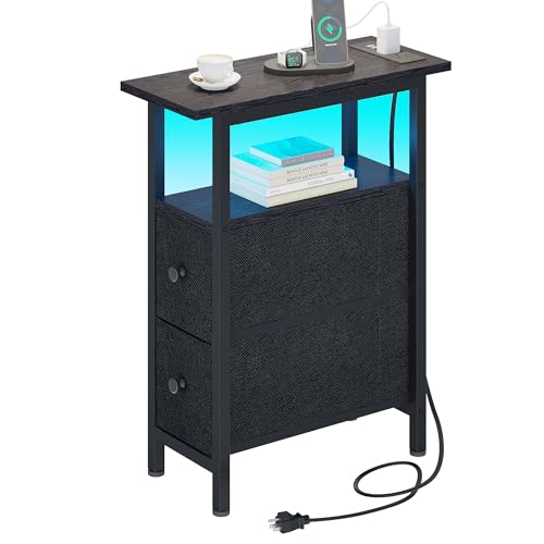 TRIFEBLE End Table with Charging Station, Narrow Side Table with 2 Fabric Drawers, Skinny Nightstand with LED Light, Slim Bedside Table for Bedroom, Living Room, Small Spaces, Black