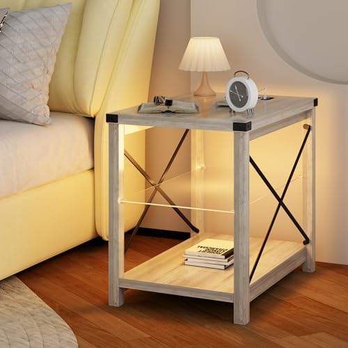 End Side Table with LED Lights, Small Bedside Table with Charging Station for Narrow Place, Smart Night stand with Storage with Removable Glass Middle Panel for Living Room/Bedroom/Office Grey