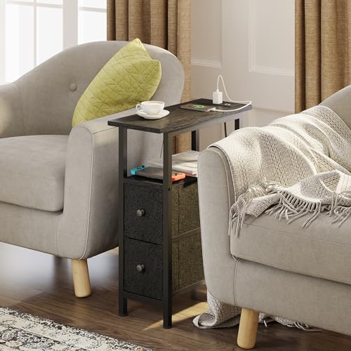 TRIFEBLE End Table with Charging Station, Narrow Side Table with 2 Fabric Drawers, Skinny Nightstand with LED Light, Slim Bedside Table for Bedroom, Living Room, Small Spaces, Black