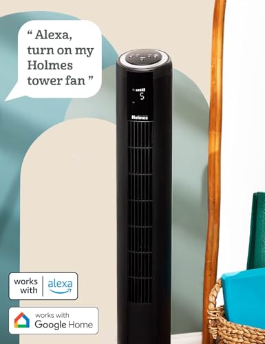 HOLMES 42" SmartConnect WI-FI Digital Tower Fan, ClearRead Display, Alexa Voice Control, 90° Oscillation, 5 Speeds, 4 Modes, 8-Hour Timer, Home, Bedroom or Office, Remote Control, Matte Black