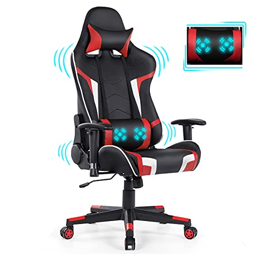 GYMAX Massage Gaming Chair, Racing Computer Swivel Chair with Headrest & Lumbar Support, High Back Ergonomic Office Task Reclining Chair, PC Video Game Chair for Home Work (Red)