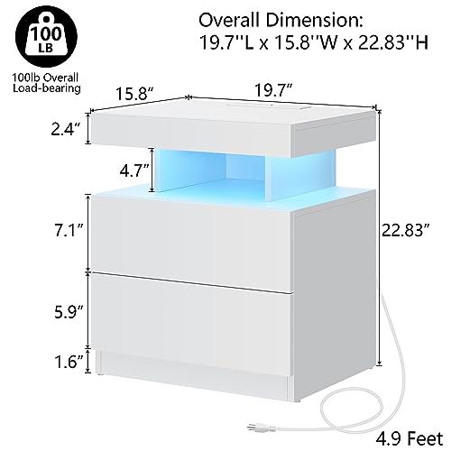 HOMMPA Set of 2 White LED Nightstand with Wireless Charging Station USB Port Type C Modern Bedside Table Smart LED Nightstand Tall 2 Drawers Night Table with Light High Gloss Night Stand for Bedroom