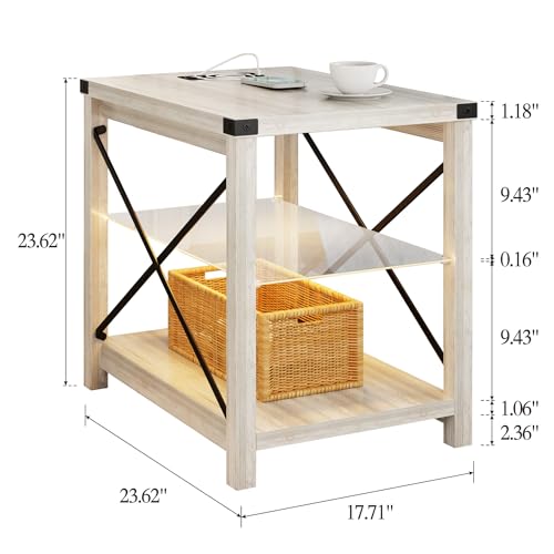 End Side Table with LED Lights, Small Bedside Table with Charging Station for Narrow Place, Smart Night stand with Storage with Removable Glass Middle Panel for Living Room/Bedroom/Office Grey