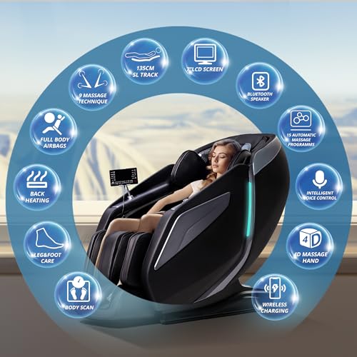 HealthRelife 4D Massage Chair Full Body Zero Gravity Full Body SL Track Intelligent Voice Control Bluetooth Speaker with Heated, Black