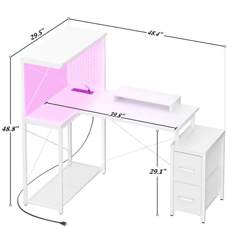 L Shaped Gaming Desk with 2 Fabric Drawers - Reversible Computer Desk with Power Outlet & LED Lights, 48" Corner Desk with Monitor Stand & Storage Shelves, Office Study Table with Pegboard, White