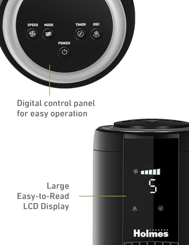 HOLMES 42" SmartConnect WI-FI Digital Tower Fan, ClearRead Display, Alexa Voice Control, 90° Oscillation, 5 Speeds, 4 Modes, 8-Hour Timer, Home, Bedroom or Office, Remote Control, Matte Black