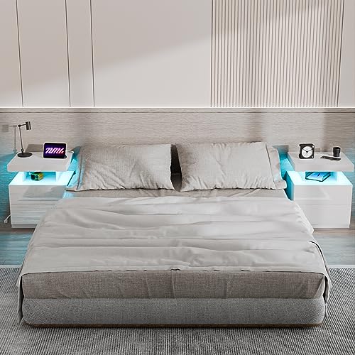 HOMMPA Set of 2 White LED Nightstand with Wireless Charging Station USB Port Type C Modern Bedside Table Smart LED Nightstand Tall 2 Drawers Night Table with Light High Gloss Night Stand for Bedroom