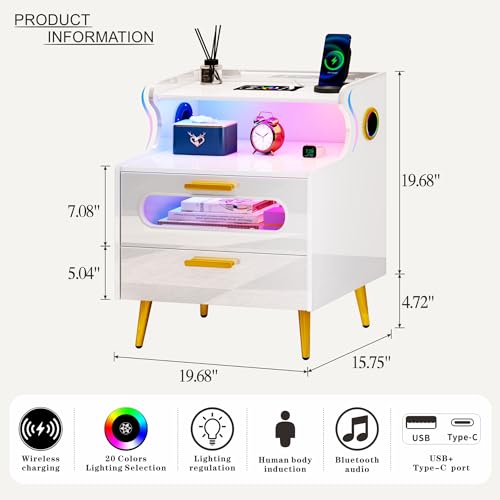 Smart Nightstand with Bluetooth Speaker - Bedside Table with LED Lights & Human Sensor, Modern End Table with Wireless Charging Station, Night Stand with Drawer for Bedroom White