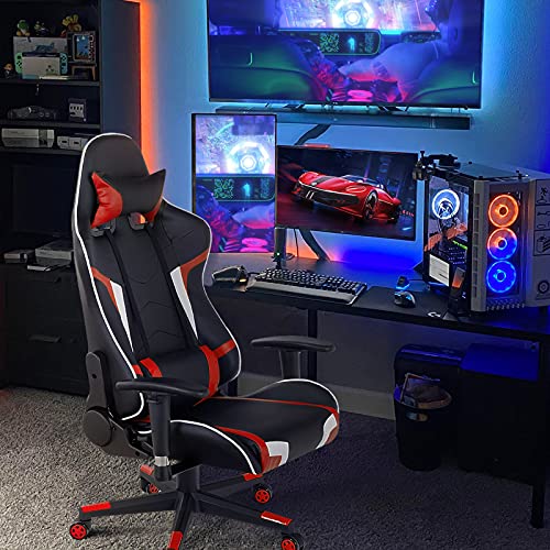GYMAX Massage Gaming Chair, Racing Computer Swivel Chair with Headrest & Lumbar Support, High Back Ergonomic Office Task Reclining Chair, PC Video Game Chair for Home Work (Red)