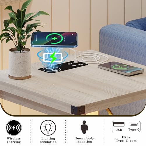 End Side Table with LED Lights, Small Bedside Table with Charging Station for Narrow Place, Smart Night stand with Storage with Removable Glass Middle Panel for Living Room/Bedroom/Office Grey