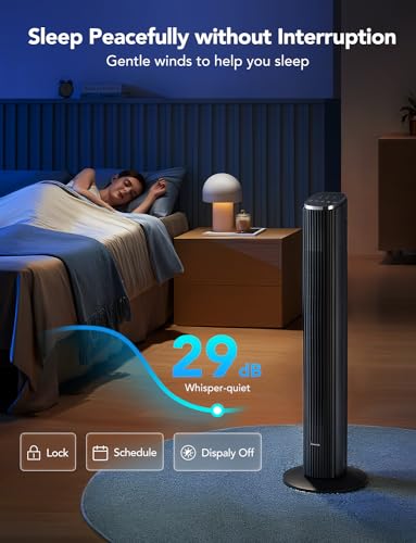 GoveeLife 36 Inch Tower Fan for Bedroom, Smart Oscillating Floor Fans with Temperature Sensor, App & Voice Remote, 5 Modes 8 Speeds up to 25ft/s, 24H Timer, 29dB Quiet Fan for Cooling Home Office