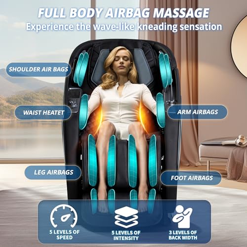 HealthRelife 4D Massage Chair Full Body Zero Gravity Full Body SL Track Intelligent Voice Control Bluetooth Speaker with Heated, Black