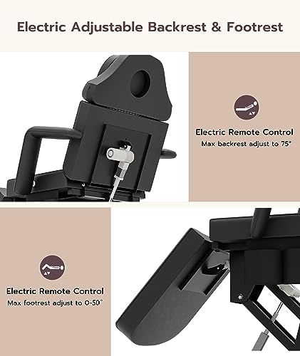 Icoget Fully Electric Esthetician Bed Tattoo Chair Bed, 3 Motor Facial Bed for Client, Professional Beauty Bed Spa Chair Massage Table for Lash Extensions, All Remote Control, Black