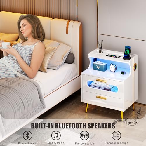 Smart Nightstand with Bluetooth Speaker - Bedside Table with LED Lights & Human Sensor, Modern End Table with Wireless Charging Station, Night Stand with Drawer for Bedroom White