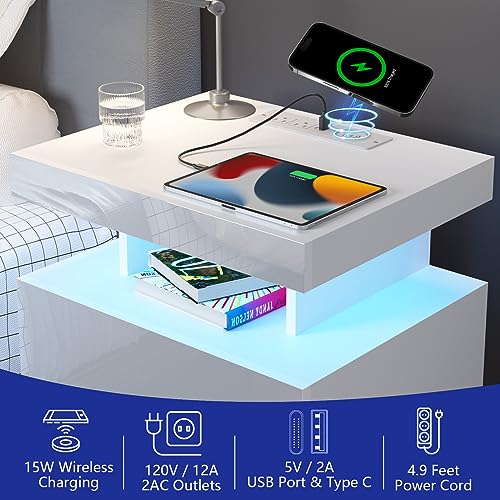 HOMMPA Set of 2 White LED Nightstand with Wireless Charging Station USB Port Type C Modern Bedside Table Smart LED Nightstand Tall 2 Drawers Night Table with Light High Gloss Night Stand for Bedroom