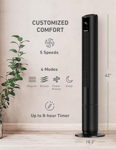 HOLMES 42" SmartConnect WI-FI Digital Tower Fan, ClearRead Display, Alexa Voice Control, 90° Oscillation, 5 Speeds, 4 Modes, 8-Hour Timer, Home, Bedroom or Office, Remote Control, Matte Black