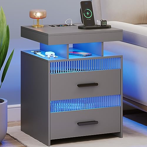 Grey Night Stand with Charging Station: All in One Nightstand with Drawers Bedside Table with LED Light & Human Sensor Design Modern End Table for Bedroom Livingroom Office