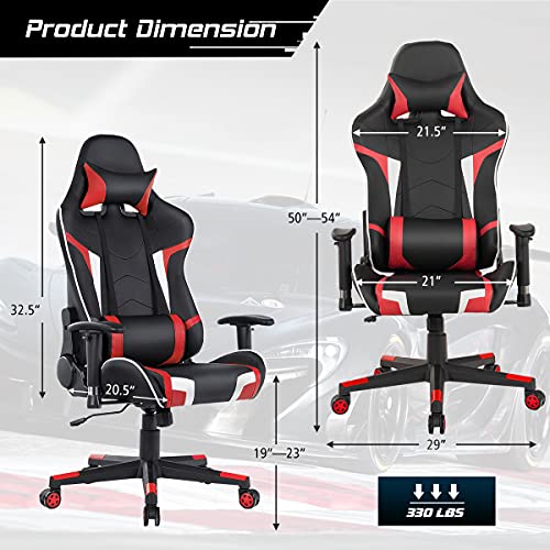 GYMAX Massage Gaming Chair, Racing Computer Swivel Chair with Headrest & Lumbar Support, High Back Ergonomic Office Task Reclining Chair, PC Video Game Chair for Home Work (Red)