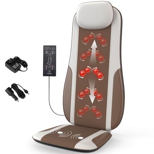 Shiatsu Back Massager with Heat, Massage Seat Cushion Pad for Stress Relief, Deep Tissue Kneading & Roller, 2 Vibration Motors, Smart Timer, PU Leather, Fit 5'1-6'0, with Home Adapter & Travel Adapter