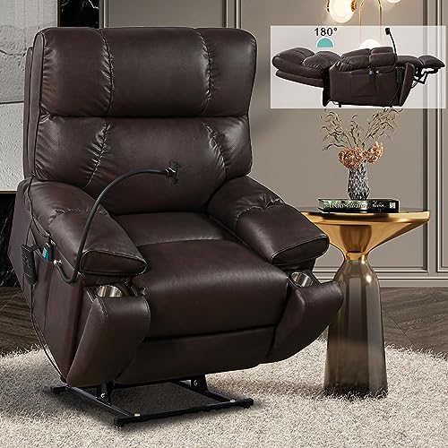 Large Dual Motor Lay Flat Lift Recliner Chair with Cup Holder and Adjustable Phone Holder for Elderly, Infinite Position Breathable Bonded Leather Electric Power Sleeping Chair with Massage,Heating