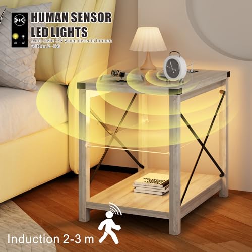 End Side Table with LED Lights, Small Bedside Table with Charging Station for Narrow Place, Smart Night stand with Storage with Removable Glass Middle Panel for Living Room/Bedroom/Office Grey