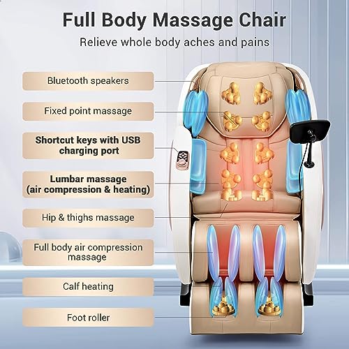 Mazzup Massage Chair Full Body with Heat, Full Body Zero Gravity Shiatsu Massage Chair, Kneading Massage Chair Recliner with SL-Track, Foot Massage, Bluetooth, USB Charging Port MU313 (White)