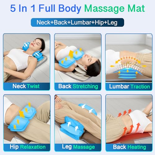 Full Body Massage Mat with Airbags Stretching & Heating, 3D Lumbar Traction & Relaxation, Back Massager Pad, 4 Modes 3 Intensities 3 Heat Levels, PU Leather, Portable & Foldable Design, Fit 5'1-6'0