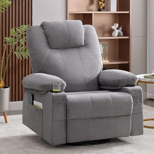 Weture Swivel Rocker Recliner Chair with Heat and Massage, 360 Degree Swivel Rocking Single Sofa with Cup Holders and USB Port, Big Oversized Recliner Chair for Living Room (Fabric, Grey)