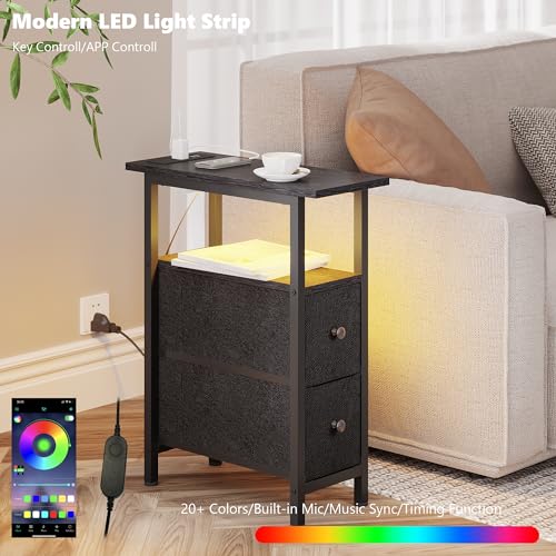 TRIFEBLE End Table with Charging Station, Narrow Side Table with 2 Fabric Drawers, Skinny Nightstand with LED Light, Slim Bedside Table for Bedroom, Living Room, Small Spaces, Black
