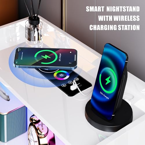 Smart Nightstand with Bluetooth Speaker - Bedside Table with LED Lights & Human Sensor, Modern End Table with Wireless Charging Station, Night Stand with Drawer for Bedroom White