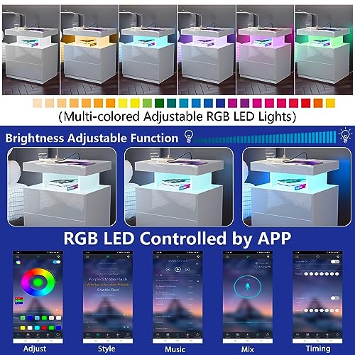 HOMMPA Set of 2 White LED Nightstand with Wireless Charging Station USB Port Type C Modern Bedside Table Smart LED Nightstand Tall 2 Drawers Night Table with Light High Gloss Night Stand for Bedroom