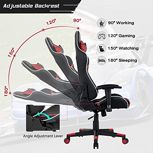 GYMAX Massage Gaming Chair, Racing Computer Swivel Chair with Headrest & Lumbar Support, High Back Ergonomic Office Task Reclining Chair, PC Video Game Chair for Home Work (Red)