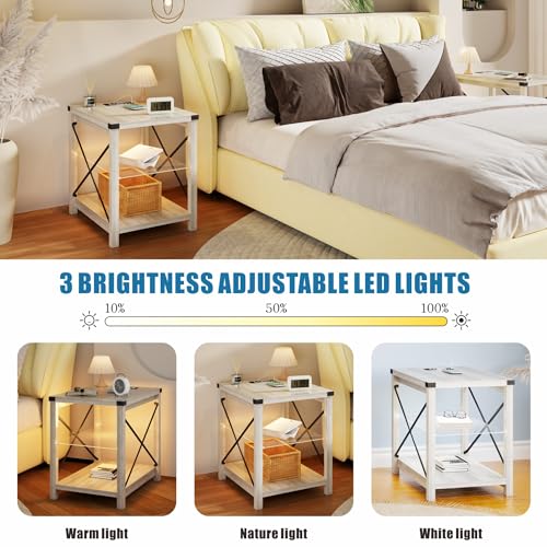 End Side Table with LED Lights, Small Bedside Table with Charging Station for Narrow Place, Smart Night stand with Storage with Removable Glass Middle Panel for Living Room/Bedroom/Office Grey