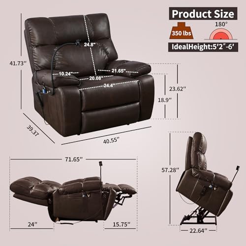 Large Dual Motor Lay Flat Lift Recliner Chair with Cup Holder and Adjustable Phone Holder for Elderly, Infinite Position Breathable Bonded Leather Electric Power Sleeping Chair with Massage,Heating