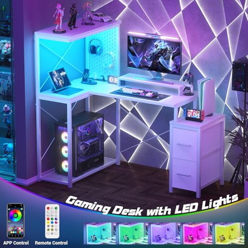L Shaped Gaming Desk with 2 Fabric Drawers - Reversible Computer Desk with Power Outlet & LED Lights, 48" Corner Desk with Monitor Stand & Storage Shelves, Office Study Table with Pegboard, White