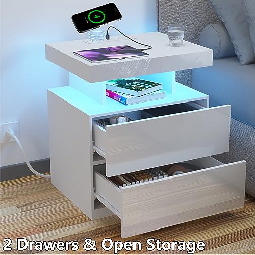 HOMMPA Set of 2 White LED Nightstand with Wireless Charging Station USB Port Type C Modern Bedside Table Smart LED Nightstand Tall 2 Drawers Night Table with Light High Gloss Night Stand for Bedroom