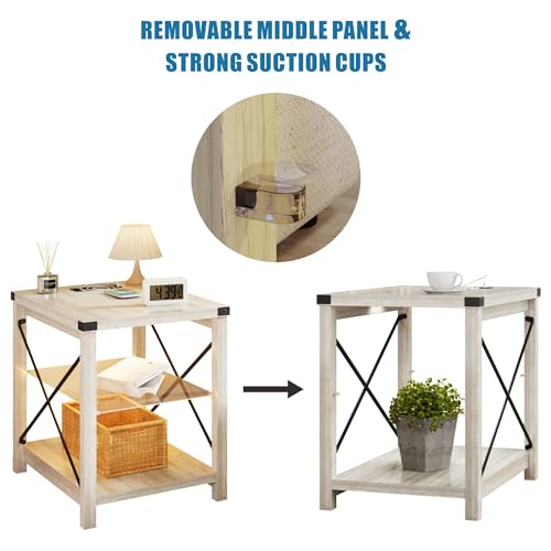End Side Table with LED Lights, Small Bedside Table with Charging Station for Narrow Place, Smart Night stand with Storage with Removable Glass Middle Panel for Living Room/Bedroom/Office Grey