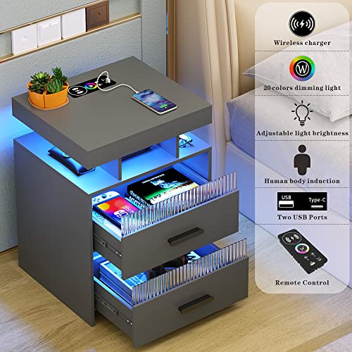 Grey Night Stand with Charging Station: All in One Nightstand with Drawers Bedside Table with LED Light & Human Sensor Design Modern End Table for Bedroom Livingroom Office
