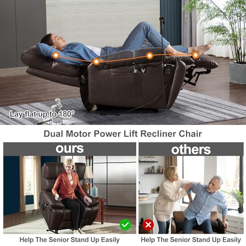 Large Dual Motor Lay Flat Lift Recliner Chair with Cup Holder and Adjustable Phone Holder for Elderly, Infinite Position Breathable Bonded Leather Electric Power Sleeping Chair with Massage,Heating
